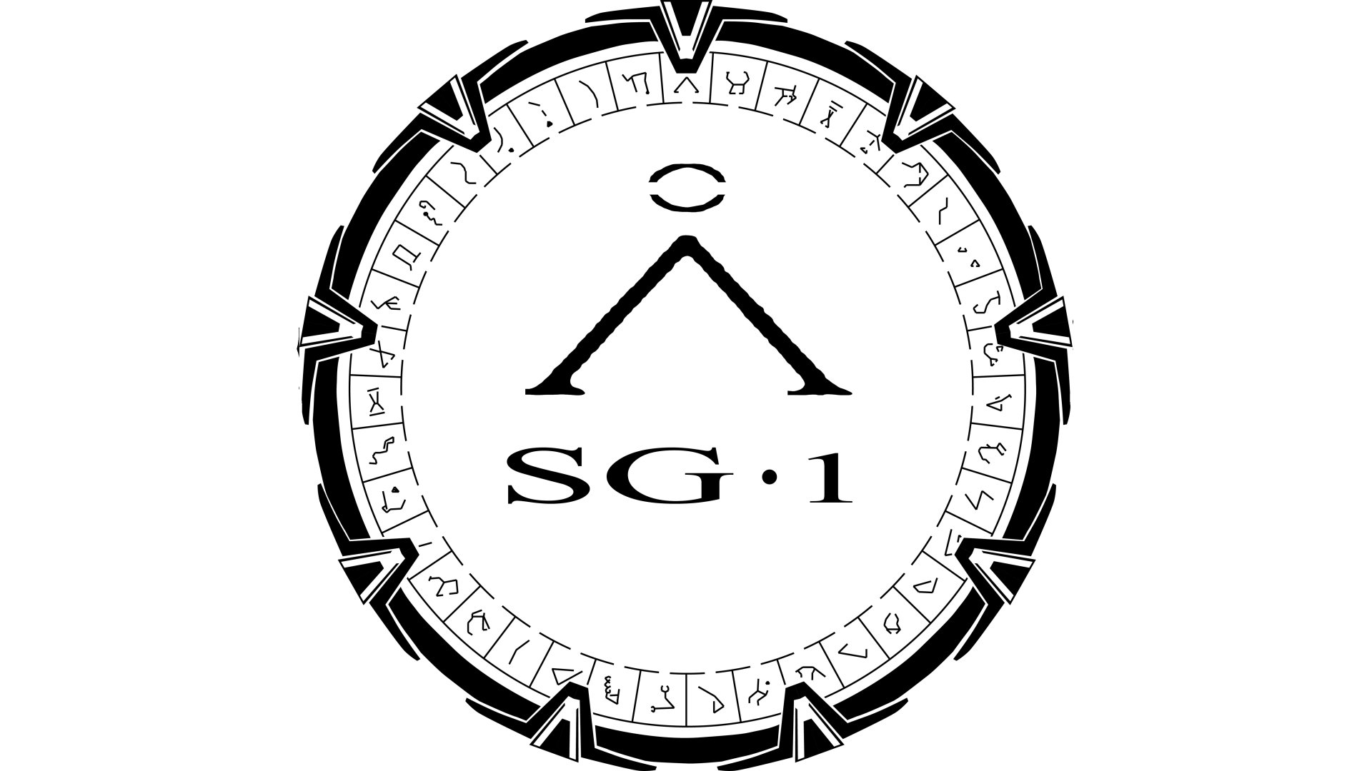 Black and white Stargate SG-1 emblem featuring the iconic gate design and SG-1 logo, rendered as a 4K Ultra HD PC desktop wallpaper and background.