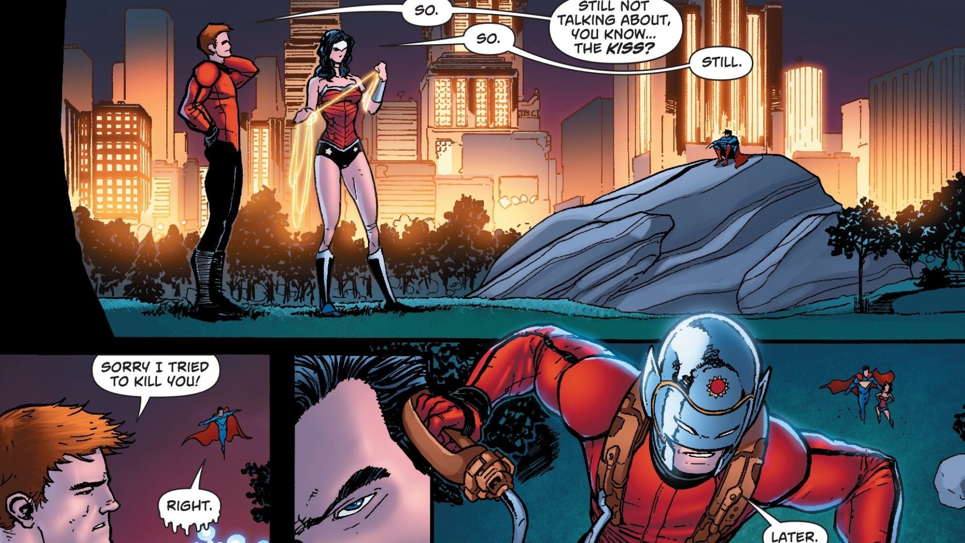 HD PC desktop wallpaper featuring Orion from comics, depicted in a dynamic cityscape scene with dialogue bubbles, showcasing vivid comic art style.