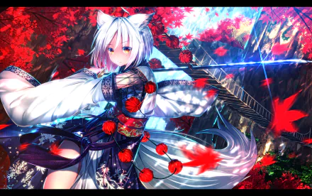 HD desktop wallpaper featuring Momiji Inubashiri from Touhou, with white hair, animal ears, and orange eyes, set against a vivid backdrop of red autumn leaves.