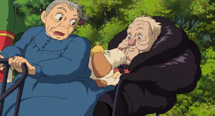 HD wallpaper featuring Sophie and Witch of the Waste from Howl's Moving Castle with lush greenery in the background.