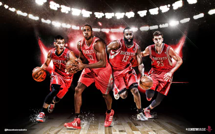 HD PC desktop wallpaper featuring Houston Rockets basketball players in action on a court with bright stadium lights and dynamic red accents in the background.