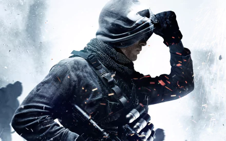 A dramatic HD wallpaper featuring a soldier from Call of Duty: Ghosts, donning a hood and tactical gear, set against an explosive backdrop.