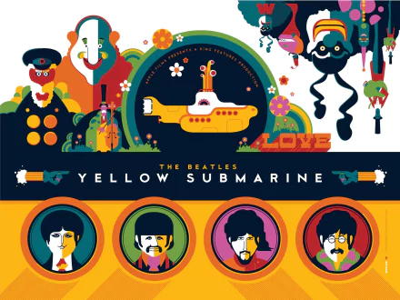 Colorful HD wallpaper featuring The Beatles and elements from Yellow Submarine. An artistic celebration of music and retro animation.