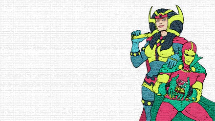 HD PC desktop wallpaper background: comic heroes Big Barda and Mr. Miracle in bold pop-art colors, posing on a light woven-texture backdrop.