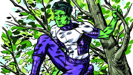 HD PC desktop wallpaper featuring Garfield Logan as Beast Boy from DC Comics, depicted perched on a tree branch amid lush green foliage.