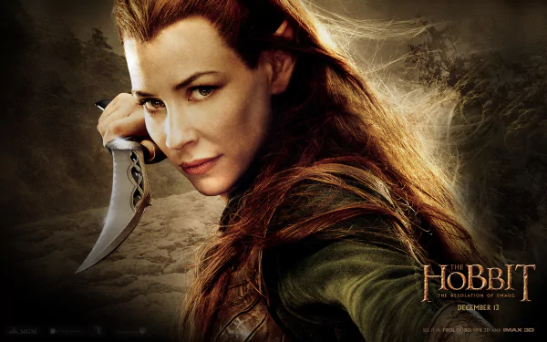 A dramatic HD desktop wallpaper featuring a fierce character from The Hobbit: The Desolation of Smaug, poised with a dagger against a mystical backdrop.