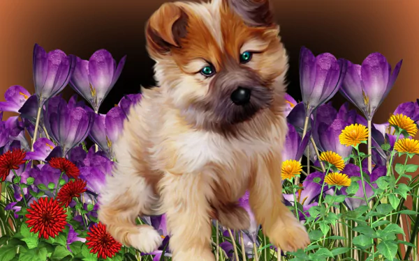 HD desktop wallpaper featuring a terrier puppy among vibrant purple and yellow flowers, offering a lively and colorful background.
