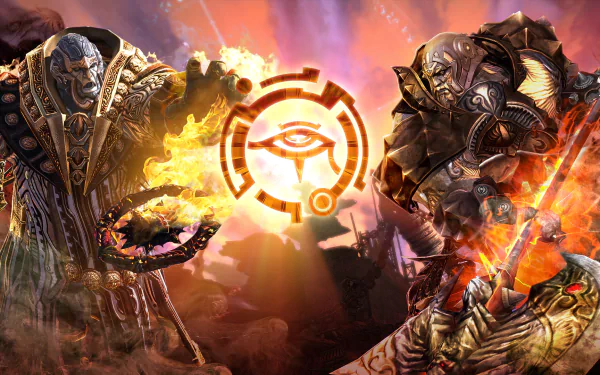 HD PC desktop wallpaper/background: Tera video game art showing two armored warriors clashing amid flames with a glowing eye emblem centered against a fiery, smoky battlefield.