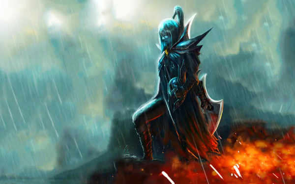 HD desktop wallpaper featuring Phantom Assassin from DotA 2, set against a dramatic stormy backdrop, embodying the game's intense atmosphere and character design.
