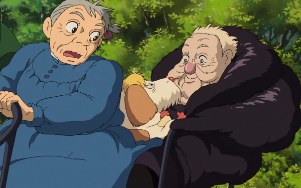 HD wallpaper featuring Sophie and Witch of the Waste from Howl's Moving Castle with lush greenery in the background.