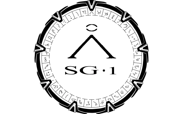 Black and white Stargate SG-1 emblem featuring the iconic gate design and SG-1 logo, rendered as a 4K Ultra HD PC desktop wallpaper and background.