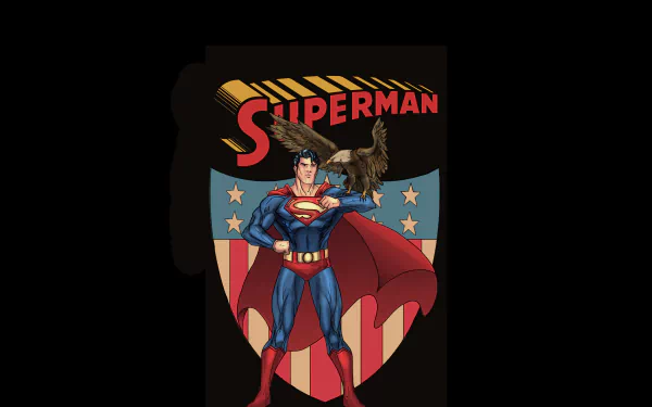 HD desktop wallpaper featuring Superman striking a heroic pose in his iconic costume, with an eagle and a shield in the background, embodying the classic comic spirit.