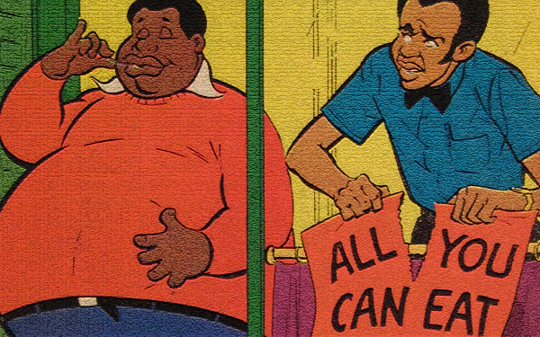 HD desktop wallpaper featuring Fat Albert and a character from the comic Fat Albert and the Cosby Kids, with an All You Can Eat sign prominently displayed.