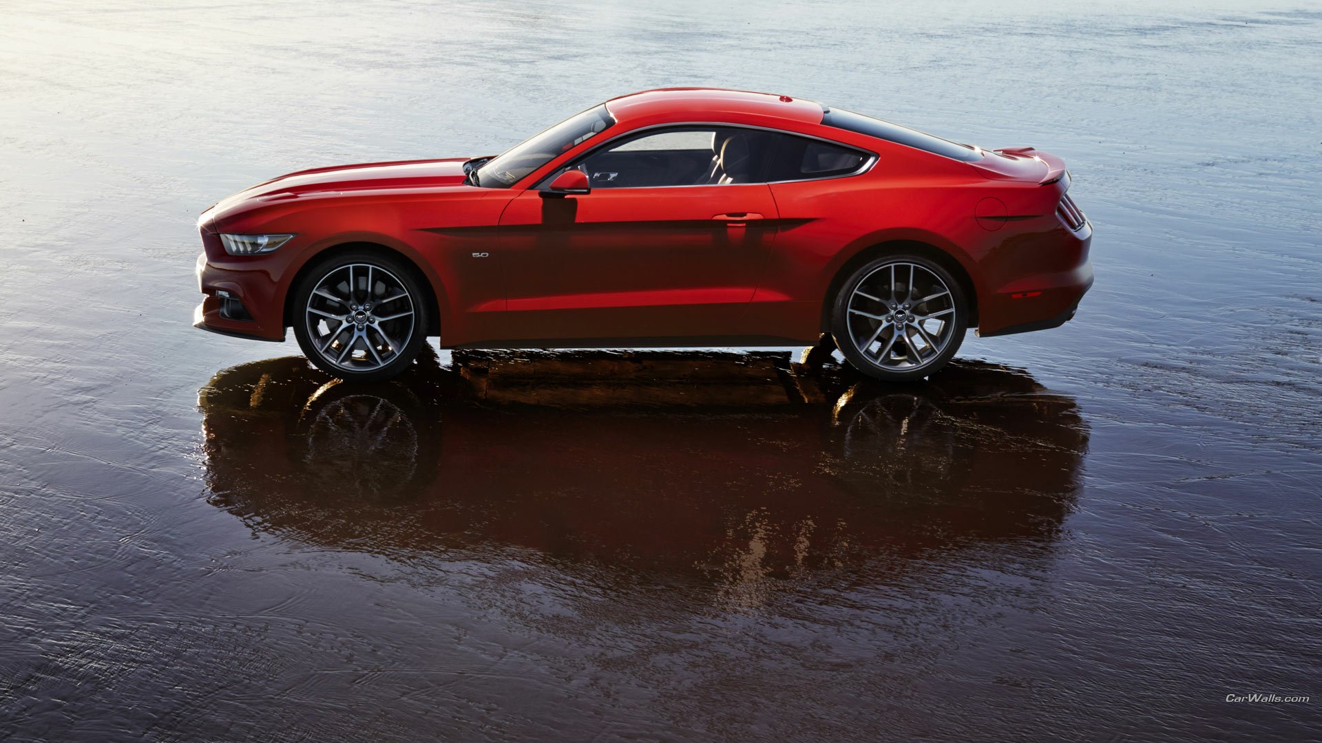 A striking 2015 Ford Mustang GT stands on a reflective surface, showcasing its sleek design and vibrant red color in this stunning HD desktop wallpaper.