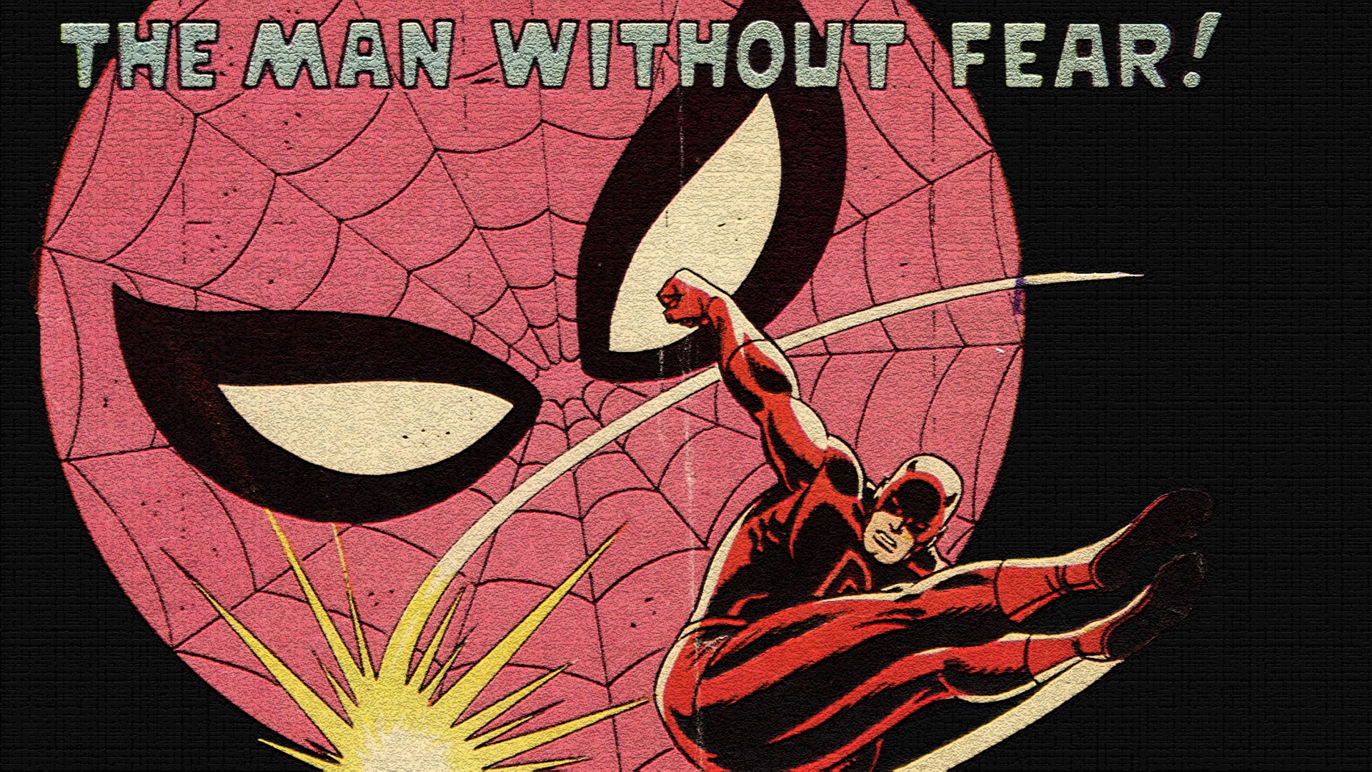 HD PC desktop wallpaper featuring Daredevil, the fearless comic hero, with a bold Spider-Man mask backdrop and the tagline The Man Without Fear!