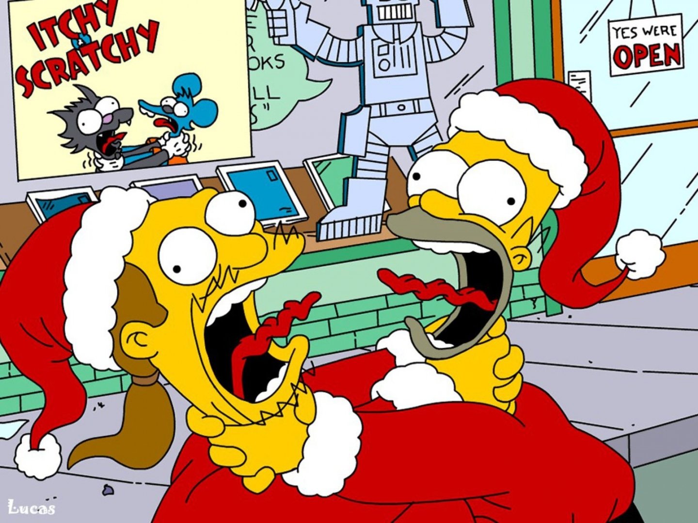 HD desktop wallpaper featuring Homer Simpson from the TV show The Simpsons, both wearing Santa hats in a festive scene at a convenience store.