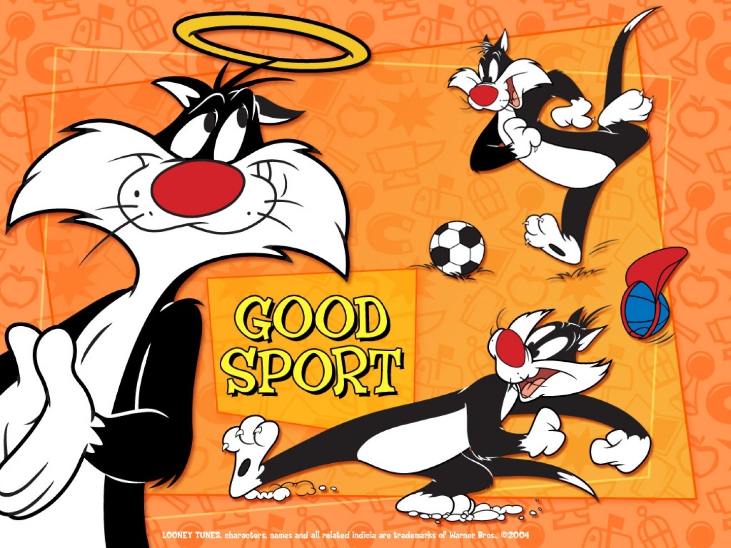 HD PC desktop wallpaper featuring Sylvester from the Looney Tunes TV show, depicted playing soccer with a bright orange background and the phrase Good Sport.