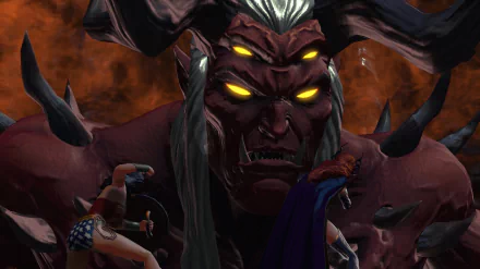 HD PC desktop wallpaper: comic-style Trigon towers with glowing yellow eyes and horns over Wonder Woman as she readies for battle against a fiery, demonic backdrop.