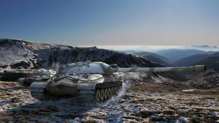 A stunning HD desktop wallpaper from World of Tanks featuring a tank in a snowy mountainous landscape, showcasing detailed graphics and immersive scenery.