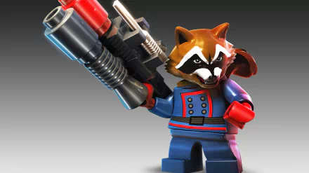 HD desktop wallpaper featuring Rocket Raccoon from Lego Marvel Super Heroes video game, holding a futuristic weapon and set against a gradient background.