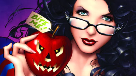 HD comic-style wallpaper featuring Snow White from Grimm Fairy Tales holding a jack-o'-lantern apple with a Bite Me tag, blending Halloween and holiday themes.
