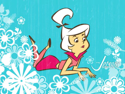 HD PC desktop wallpaper featuring Judy Jetson from the TV show The Jetsons, set against a bright blue background with white floral patterns and the show's logo.