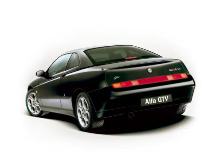 HD PC desktop wallpaper of a black Alfa Romeo GTV vehicle, rear three-quarter view on a clean white background.