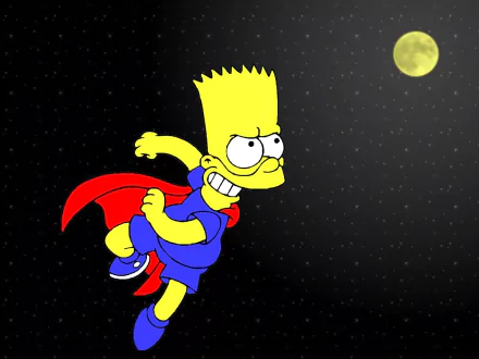 HD PC desktop wallpaper of Bart Simpson from the TV show The Simpsons as a red-caped superhero flying across a starry space background with a bright moon.