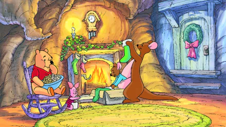 HD wallpaper featuring Winnie the Pooh and friends in a cozy setting, with Pooh enjoying snacks, Piglet assisting, and Kanga decorating near a warm fireplace.