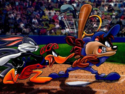 A vibrant HD wallpaper featuring characters from the Looney Tunes TV show, showcasing Bugs Bunny, Daffy Duck, and Taz in an energetic baseball scene.