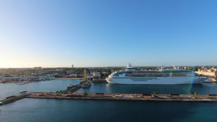 High-resolution 4K Ultra HD image of the Oasis Of The Seas cruise ship docked at a harbor, showcasing a clear blue sky and calm waters as a PC desktop wallpaper.