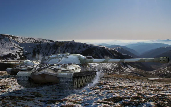 A stunning HD desktop wallpaper from World of Tanks featuring a tank in a snowy mountainous landscape, showcasing detailed graphics and immersive scenery.