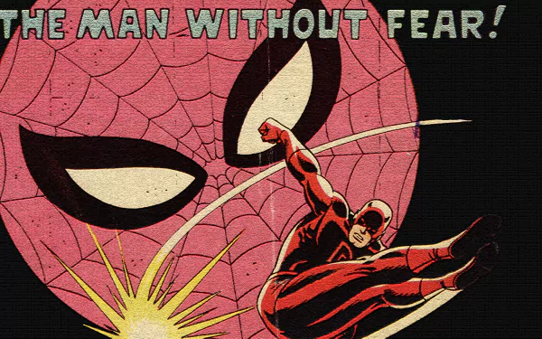 HD PC desktop wallpaper featuring Daredevil, the fearless comic hero, with a bold Spider-Man mask backdrop and the tagline The Man Without Fear!