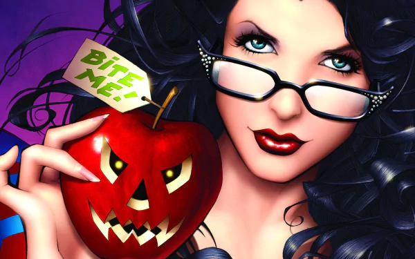 HD comic-style wallpaper featuring Snow White from Grimm Fairy Tales holding a jack-o'-lantern apple with a Bite Me tag, blending Halloween and holiday themes.