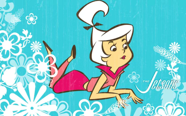 HD PC desktop wallpaper featuring Judy Jetson from the TV show The Jetsons, set against a bright blue background with white floral patterns and the show's logo.