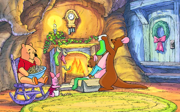 HD wallpaper featuring Winnie the Pooh and friends in a cozy setting, with Pooh enjoying snacks, Piglet assisting, and Kanga decorating near a warm fireplace.