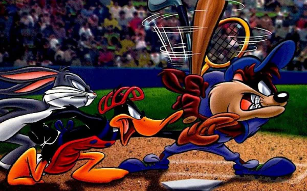 A vibrant HD wallpaper featuring characters from the Looney Tunes TV show, showcasing Bugs Bunny, Daffy Duck, and Taz in an energetic baseball scene.