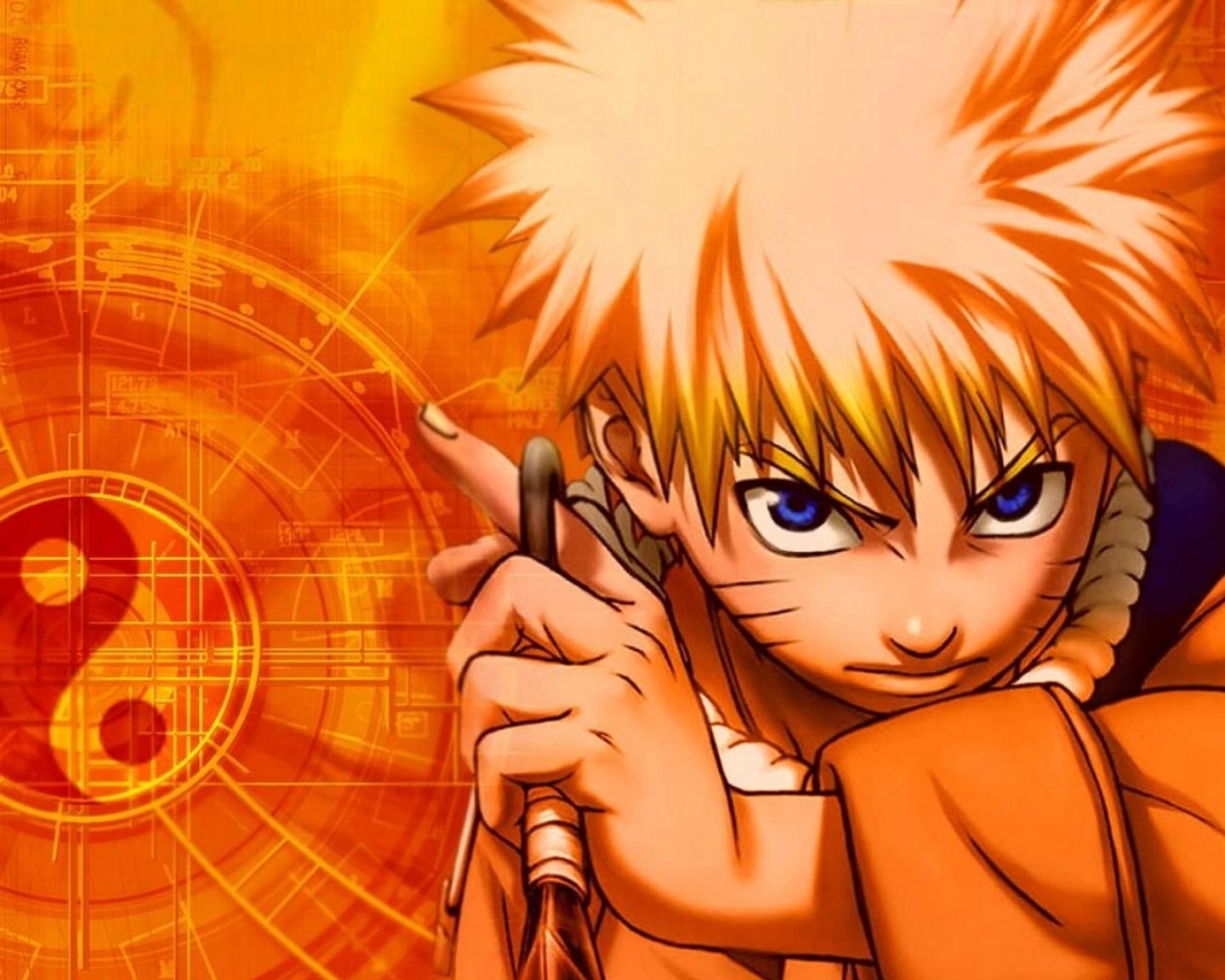 HD PC desktop wallpaper featuring Naruto Uzumaki from the anime Naruto, showcasing his determined expression against an orange, tech-inspired background with a yin-yang symbol.