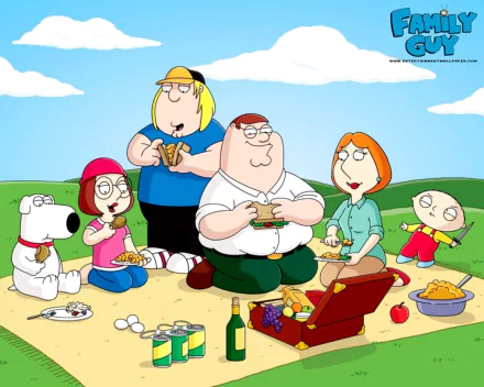 HD desktop wallpaper featuring Family Guy characters enjoying a picnic outdoors against a bright blue sky, showcasing the TV show's iconic animation style.