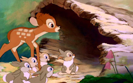 HD PC desktop wallpaper from the movie Bambi: young Bambi and three rabbits at a forest den, peering toward a pink wildflower.