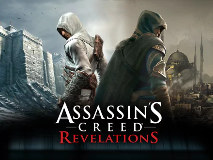 An HD wallpaper from Assassin's Creed: Revelations featuring two characters in iconic hooded attire, set against a backdrop of historic architecture and dramatic landscapes.