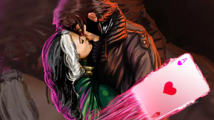 Rogue and Gambit from X-Men share a passionate kiss, with Rogue’s two-toned hair and Gambit’s glowing ace of hearts card in a vibrant comic-style 4K wallpaper.