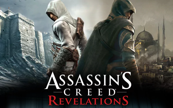 An HD wallpaper from Assassin's Creed: Revelations featuring two characters in iconic hooded attire, set against a backdrop of historic architecture and dramatic landscapes.