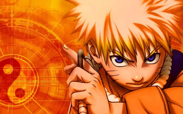 HD PC desktop wallpaper featuring Naruto Uzumaki from the anime Naruto, showcasing his determined expression against an orange, tech-inspired background with a yin-yang symbol.
