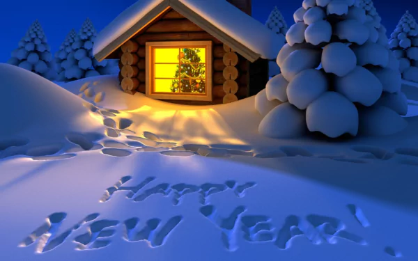 A cozy cabin illuminated by warm light, surrounded by snow-covered trees, with Happy New Year! written in the snow, creating a festive holiday atmosphere. HD desktop wallpaper.