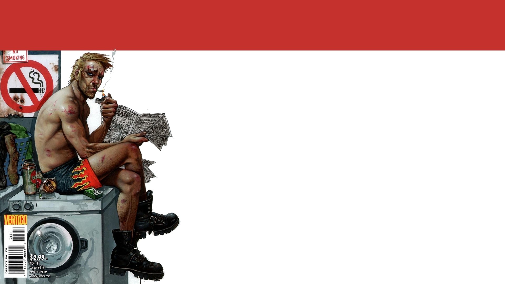 HD PC desktop wallpaper featuring John Constantine from the Hellblazer comic series sitting on a washing machine, reading a newspaper, with a casual, intense expression.