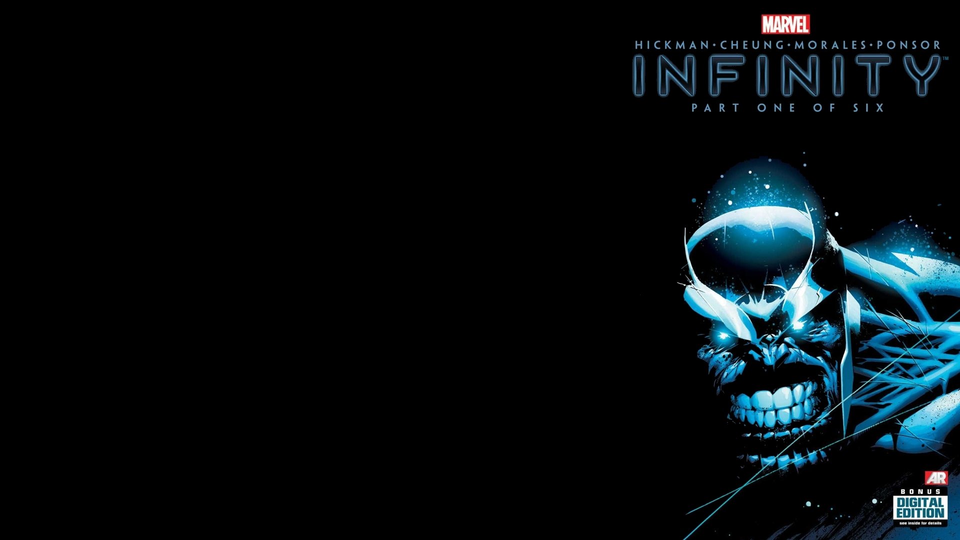 HD PC desktop wallpaper featuring a dark comic-style image of a glowing blue skull with the Marvel Infinity logo and text in the top right corner.