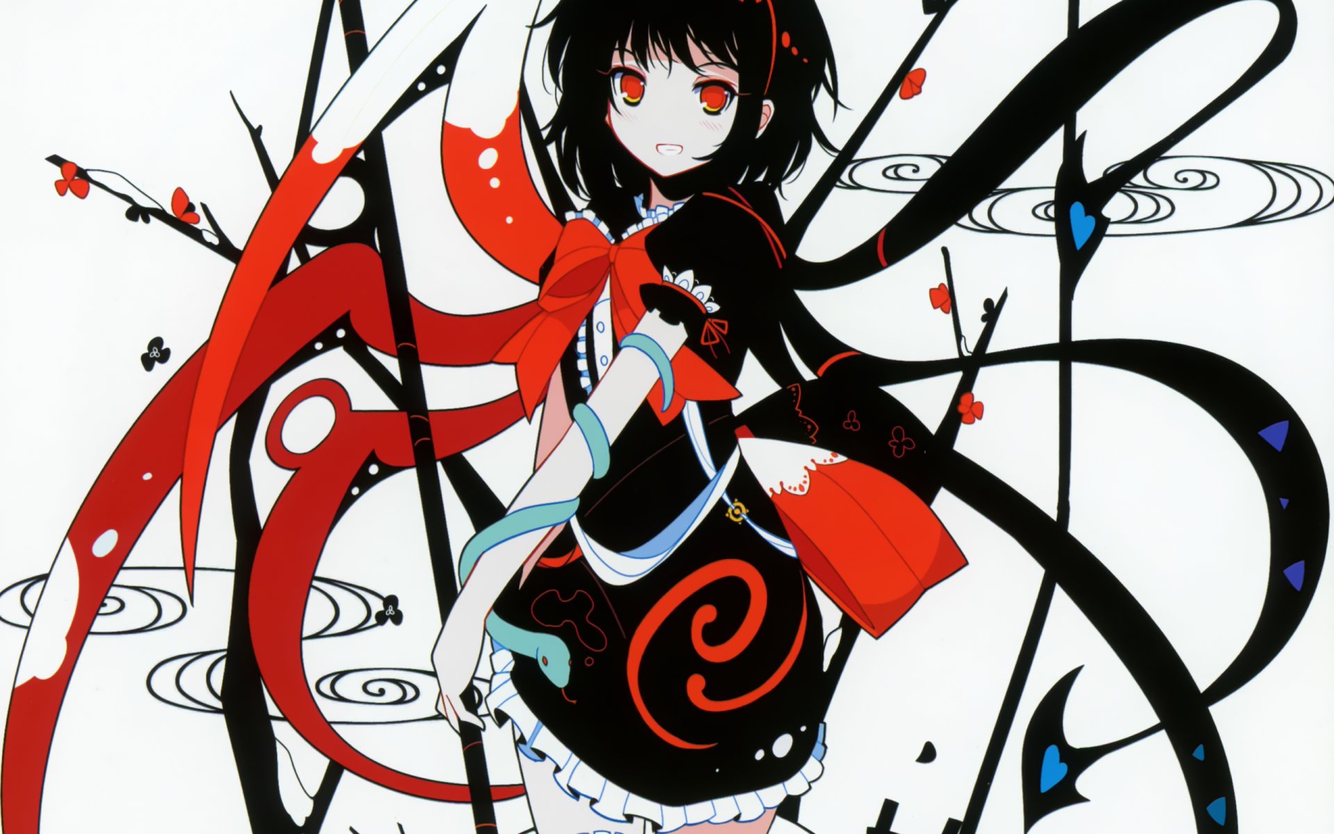 HD anime desktop wallpaper featuring Nue Houjuu from Touhou, showcasing her dark hair, red eyes, and intricate black and red outfit with swirling, artistic background elements.