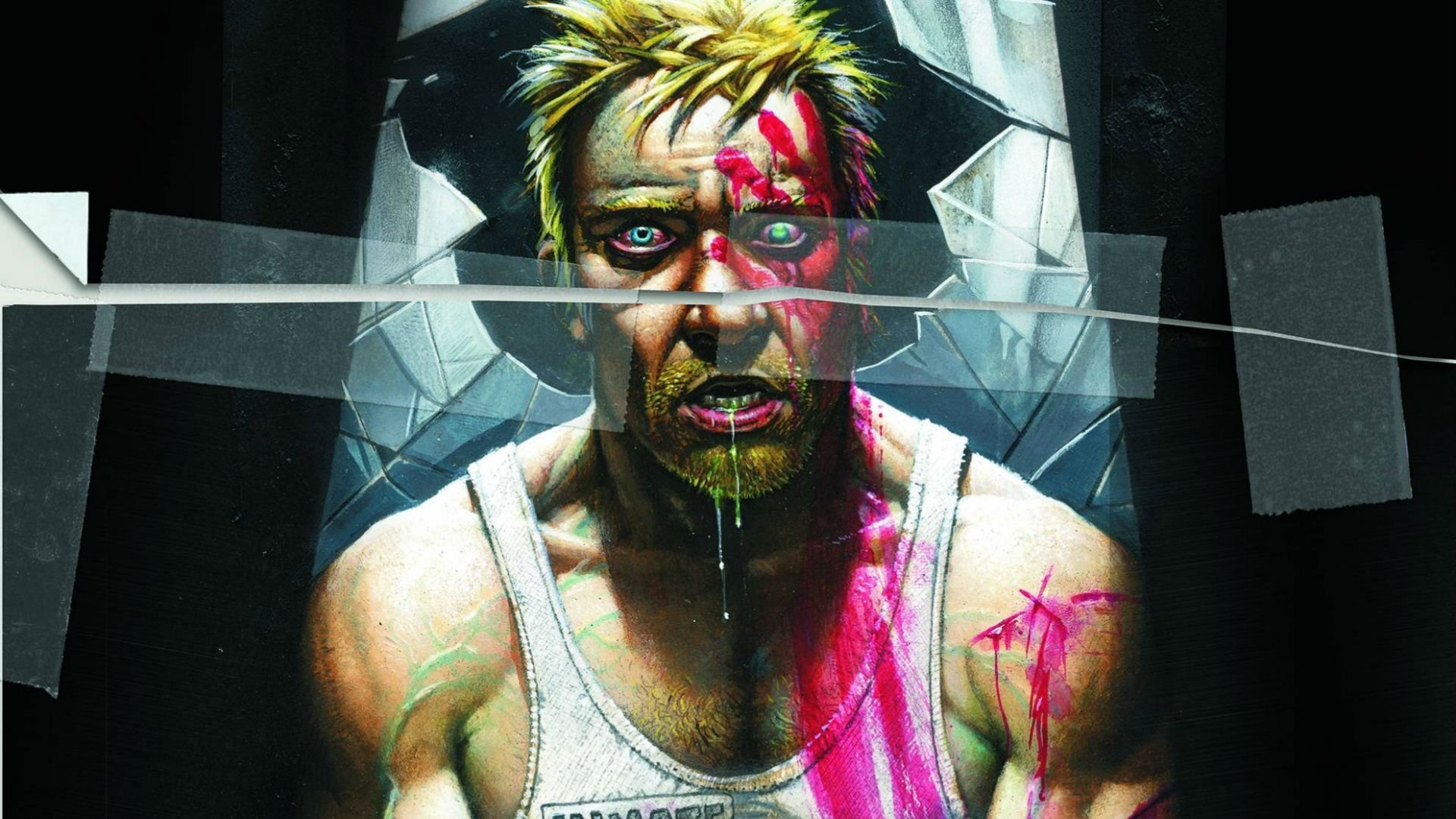 HD comic-style wallpaper of John Constantine from Hellblazer, featuring intense colors and striking broken glass effects for a dramatic PC desktop background.