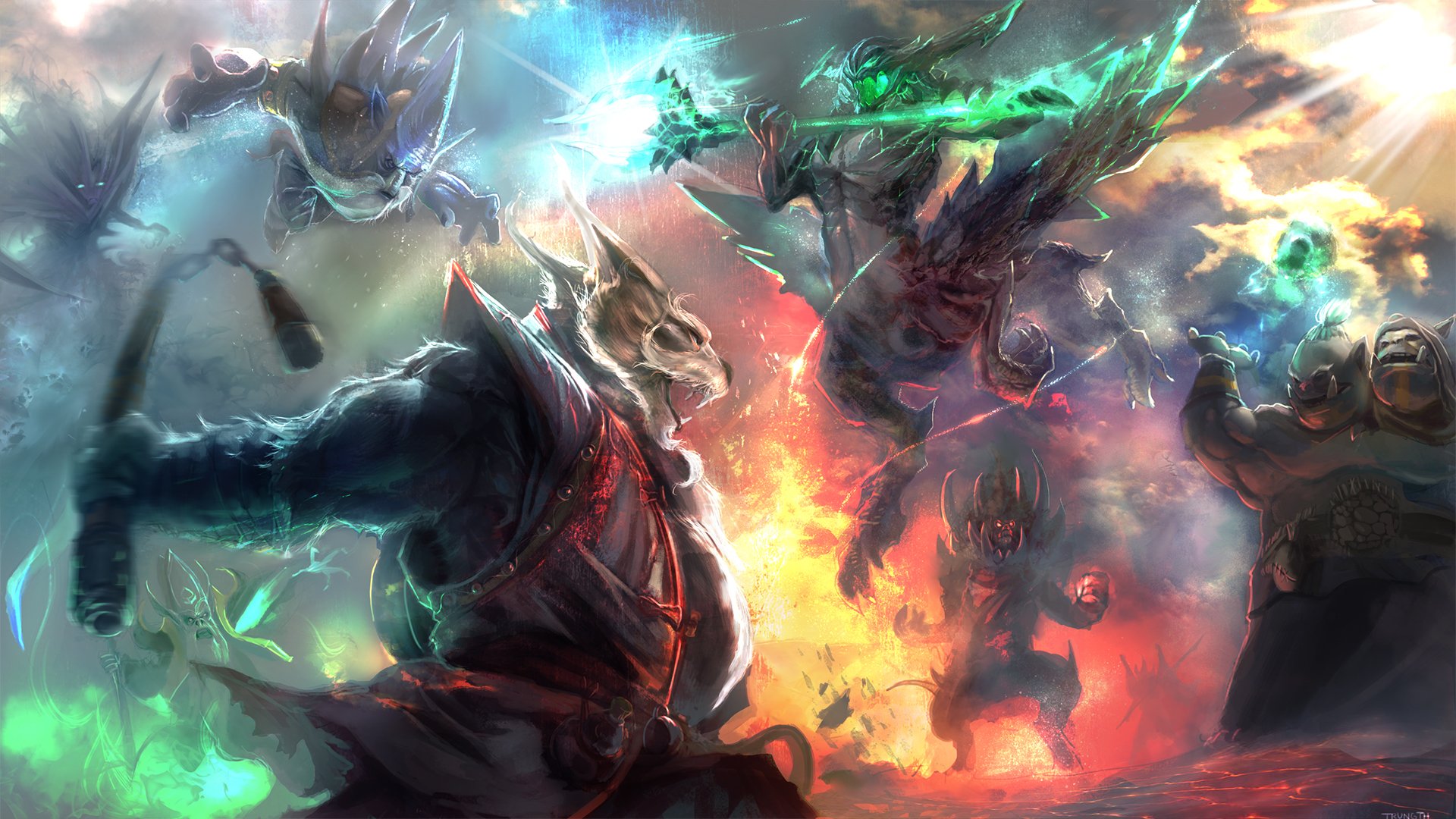 HD PC desktop wallpaper featuring dynamic, fiery characters from the video game DotA 2 in an intense, action-packed scene.